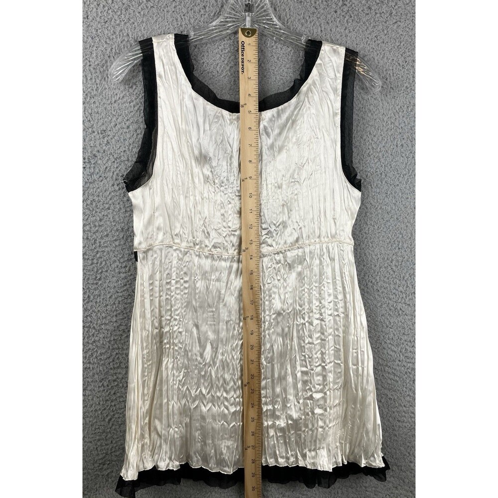Y2K Ivory Crinkle Satin Black Mesh Trim Babydoll Top Sz S Ethereal Fairy Grunge - Picture 4 of 6